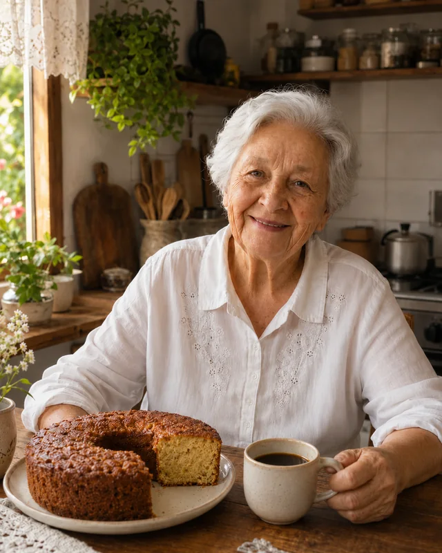 Vó Tereza sorrindo em uma cozinha acolhedora
