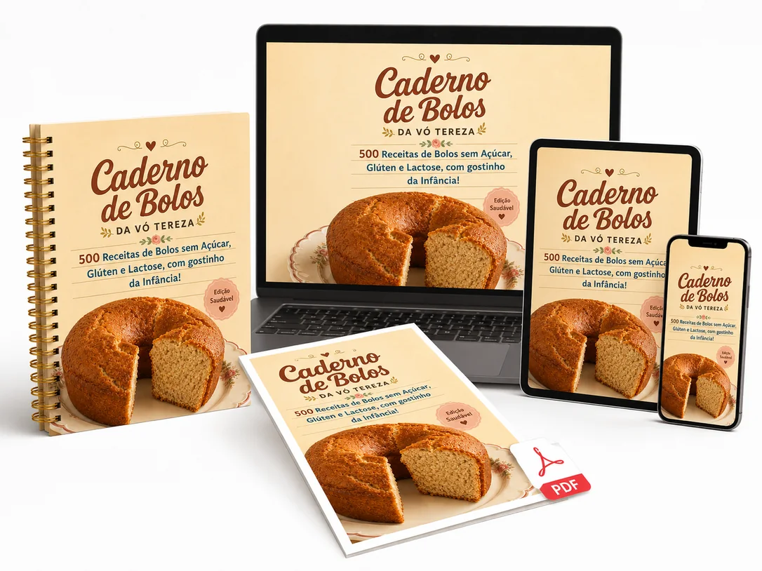Mockup do Caderno de Bolos da Vó Tereza em livro, celular, notebook e tablet