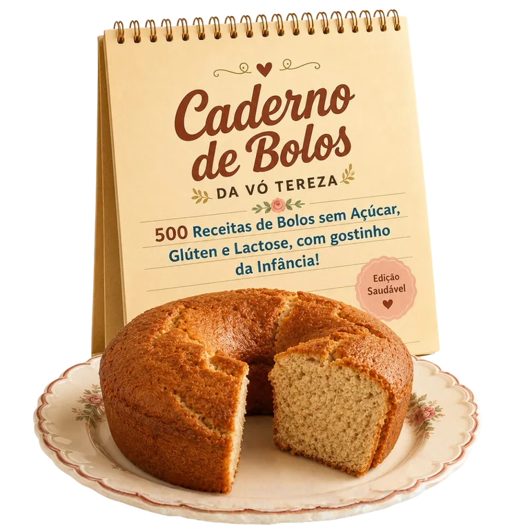 Caderno de Bolos da Vó Tereza ao lado de um bolo caseiro